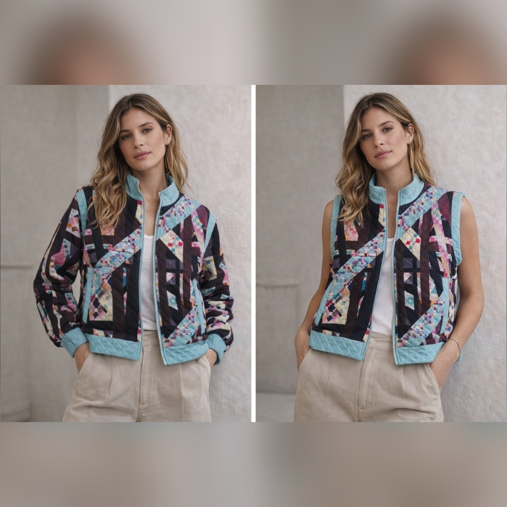 Rare Vintage Patchwork Quilted Jacket Convertible… - image 1